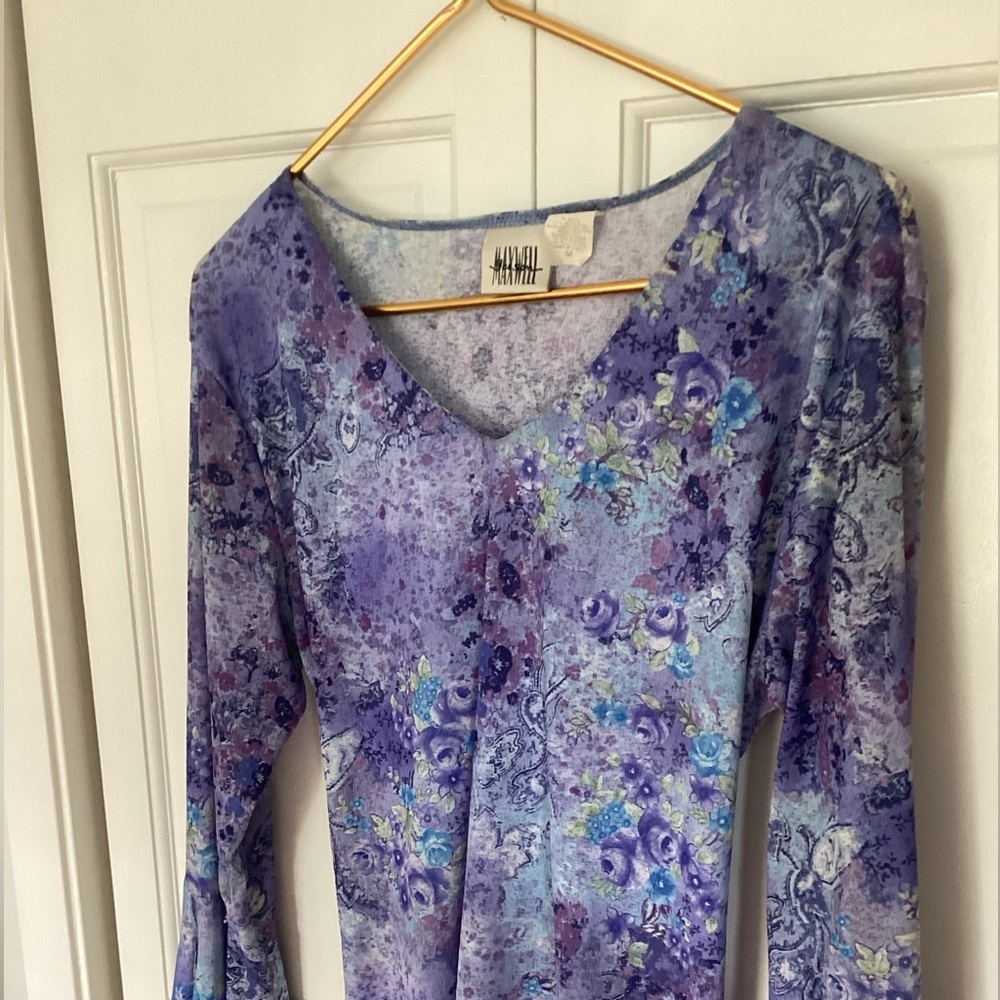 Y2K Maxwell Sheer Fairy Y2K V Neck Blue Paisley Floral Print Blouse Top M - Picture 4 of 4